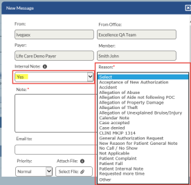 In the New Message window, the Reason field dropdown displays multiple reason selections for a message, such as Acceptance of New Authorization.